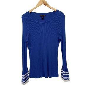 INC International Concepts Blue Crew Neck Sweater with Striped Cuffs